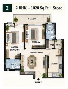 Patel Neotown 2 BHK + Store floor plan, 1020 sq ft, Greater Noida West