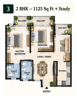 Patel Neotown 2 BHK + Study floor plan, 1125 sq ft, Greater Noida West