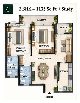Patel Neotown 2 BHK + Study floor plan, 1135 sq ft, Greater Noida West