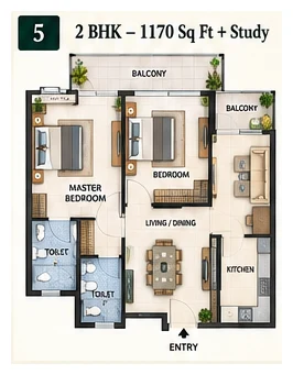 Patel Neotown 2 BHK + Study floor plan, 1170 sq ft, Greater Noida West