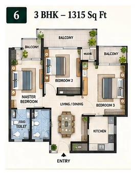 Patel Neotown 3 BHK floor plan, 1315 sq ft, Greater Noida West
