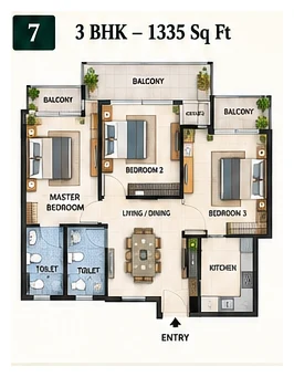 Patel Neotown 3 BHK floor plan, 1335 sq ft, Greater Noida West