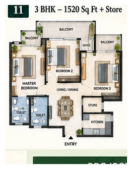 Patel Neotown 3 BHK + Store floor plan, 1520 sq ft, Greater Noida West