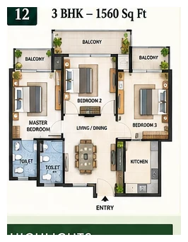 Patel Neotown 3 BHK floor plan, 1560 sq ft, Greater Noida West