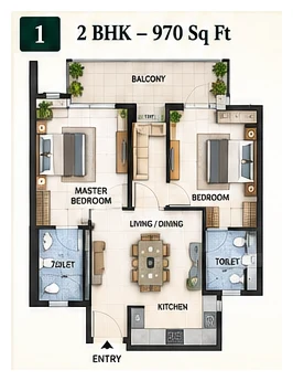 Patel Neotown 2 BHK floor plan, 970 sq ft, Greater Noida West